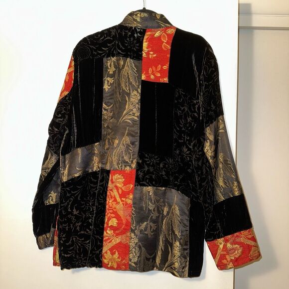 Chicos Medium (1) Silk Blend Black Red Gold Mandarin Style Patchwork Jacket EUC - Picture 6 of 13